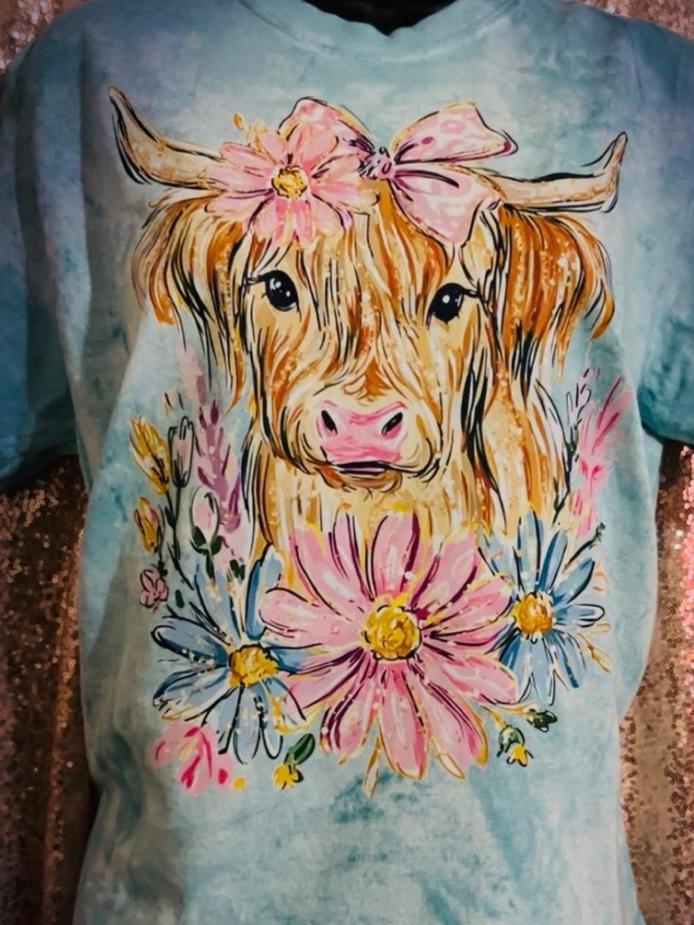 Pastel Blue Cow Floral Graphic Tee Comfort Colors Colorblast